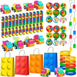 Building Block Birthday Party Favors,62 Pcs Building Blocks Favors Set- Favor Bags,Birthday Party Keychains Slap Bracelets etc