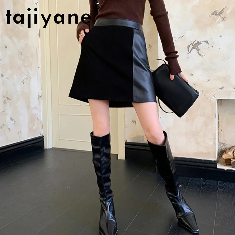 TAJIYANE Genuine Leather Skirt Sheepskin Spliced Goat Suede Women's Skirts A-Line Mini Skirt for Women High Waist Black Юбка Y2k
