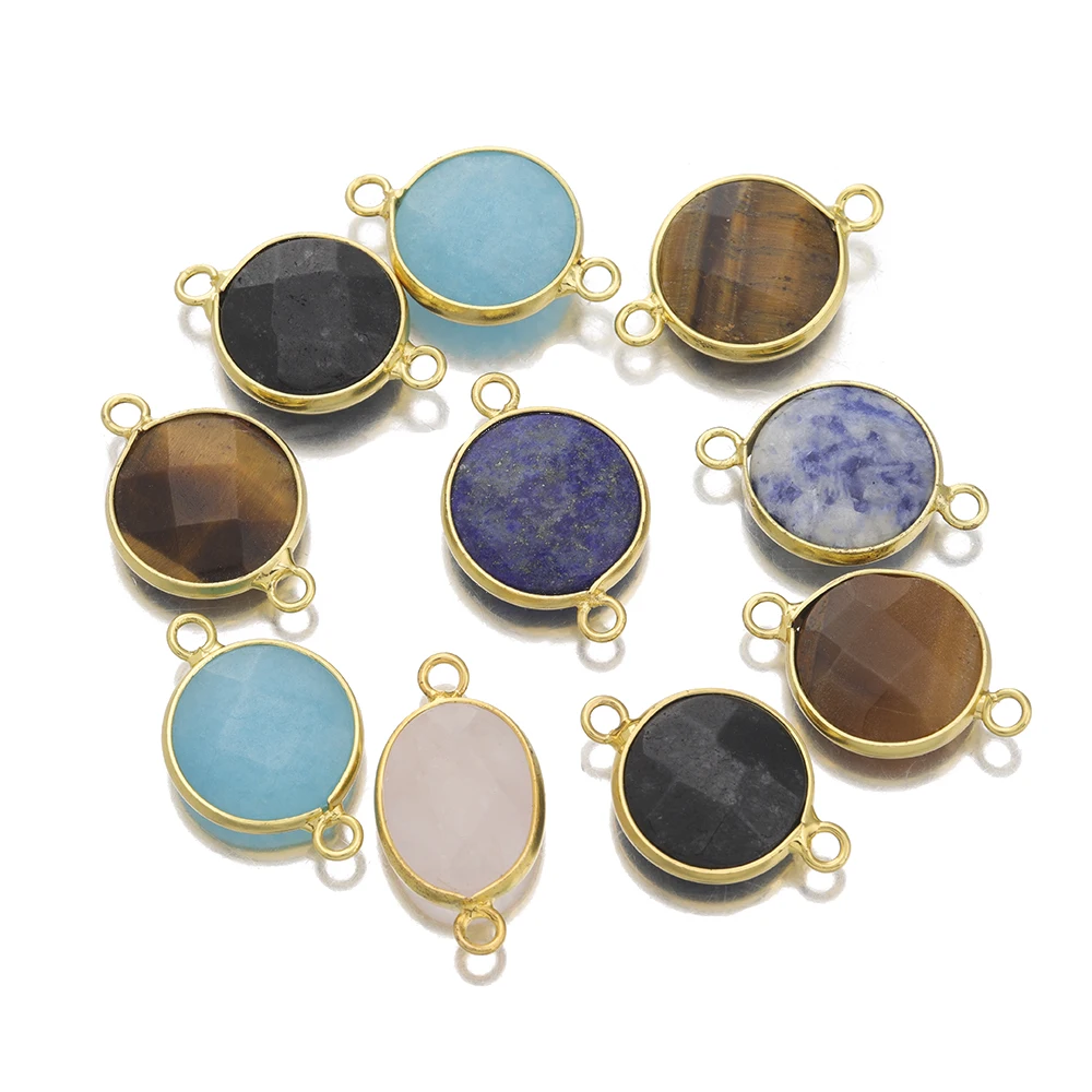 Round Natural Stone Bezel Charms Connectors Faceted Crystal Agates Links Pendants For  DIY Necklace Bracelet Jewelry Making