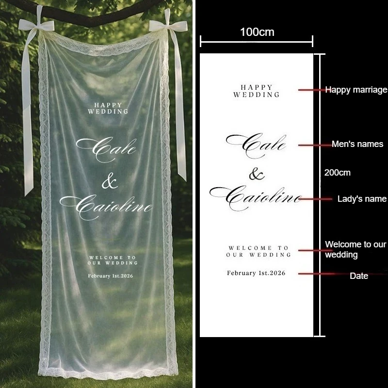 Wedding Decoration Outdoor Lawn Lace Hanging Cloth Name Hanging Gauze Wedding Custom Welcome Lace Hanging Cloth Gauze Decor
