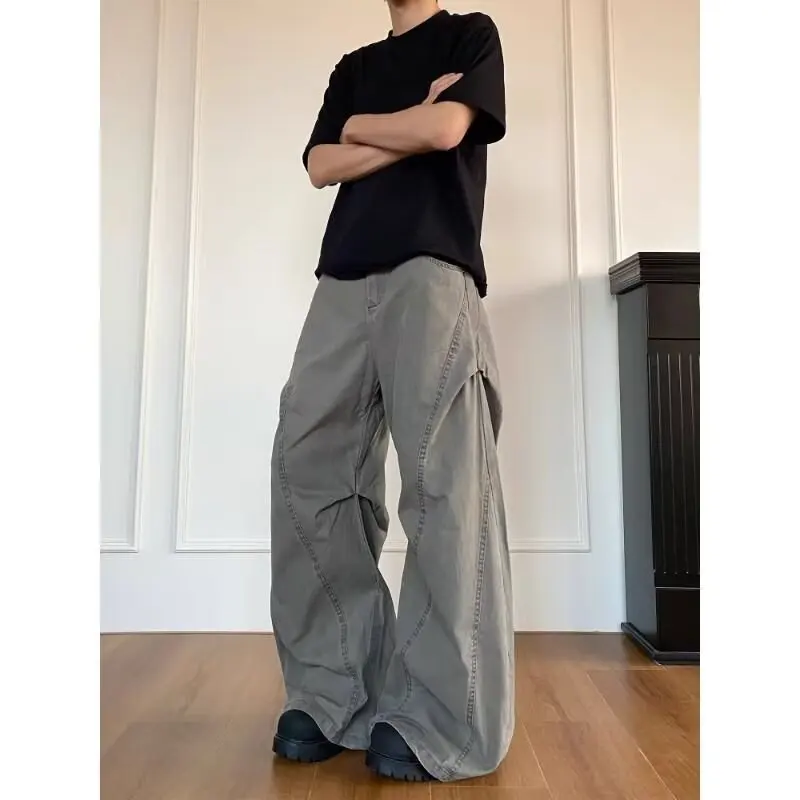 Calças Casuais Retrô Americanas Lavadas Estilo Workwear Masculinas e Femininas, Jeans de Perna Larga Solta Comprimento Total com Design Plissado Moder