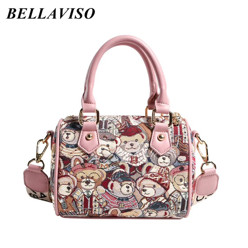 

BellaViso Trendy Women's Canvas Crossbody Bag Female Casual Portable Cartoon Bear Pattern Pillow Boston Shoulder Bags BLCR-67