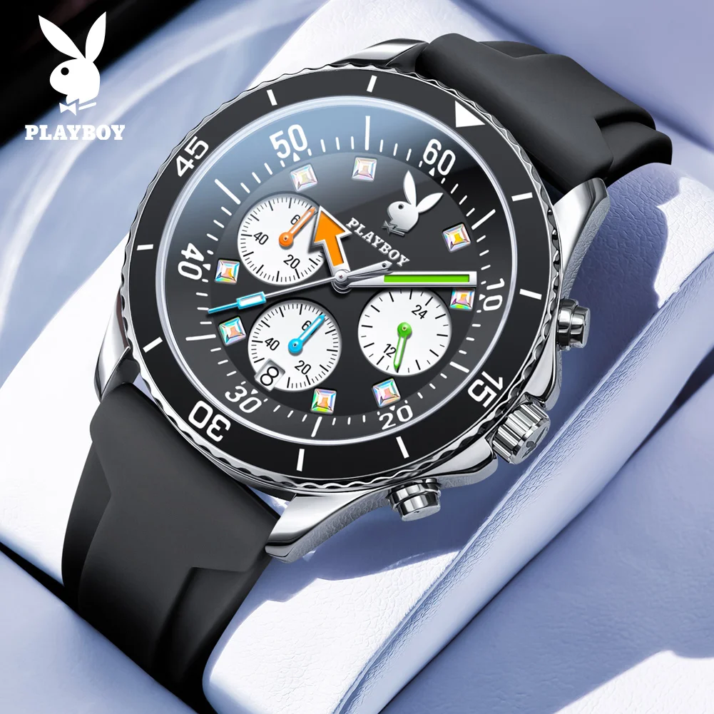 PLAYBOY 3081 Fashion Brand Art Trendy Quartz Movement Watch For Men 24 Hour Dial Calendar Window Luminous Function Silicone Strap Waterproof Men Watch