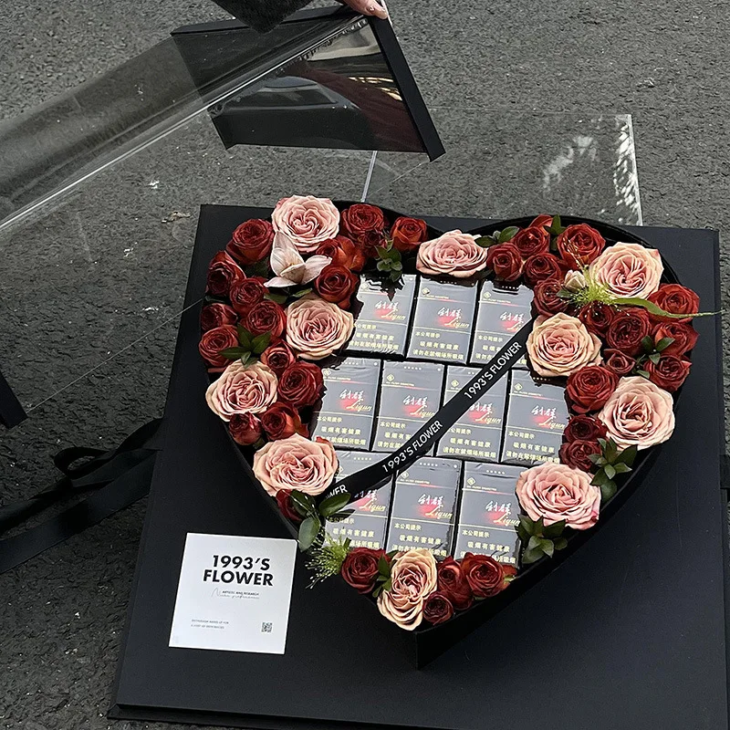 Large Size Panoramic 99 Roses Heart Shaped Gift Box Transparent Flower Packaging Romantic Lover's Present Box Creative Design