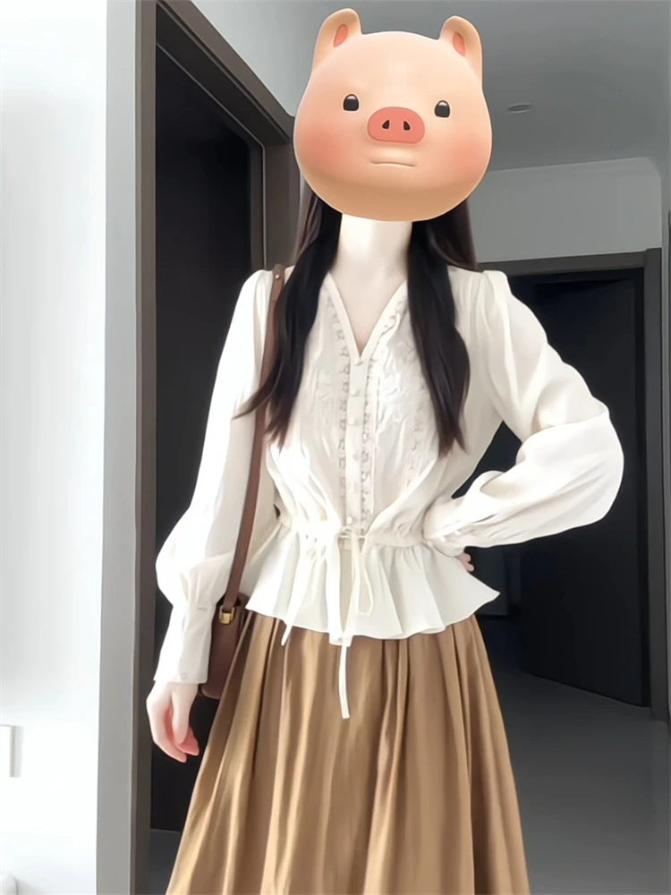 

Spring Faion plus Size Women's Waist-Cinching V-ne Top And Skirt Set Salt System Anti-aging Super Cute Casual Wear