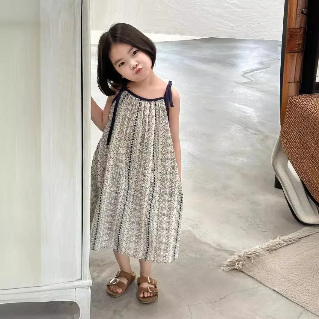 فساتين بناتي غير رسمية صيفية جديدة ملابس أطفال كورية كورية 2024 زهور مجزأة جميلة فضفاضة مخططة