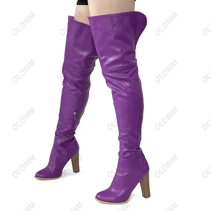 Olomm Handmade Women Over The Knee Boots Square High Heel Boots Nice Round Toe Pretty Brown Casual Shoes Women Plus US Size 5-15