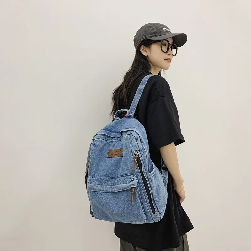 2025 New Denim Backpack Large Capacity Multi-Compartment Travel School Unisex Japanese Street Style Lightweight Nylon Women Bag