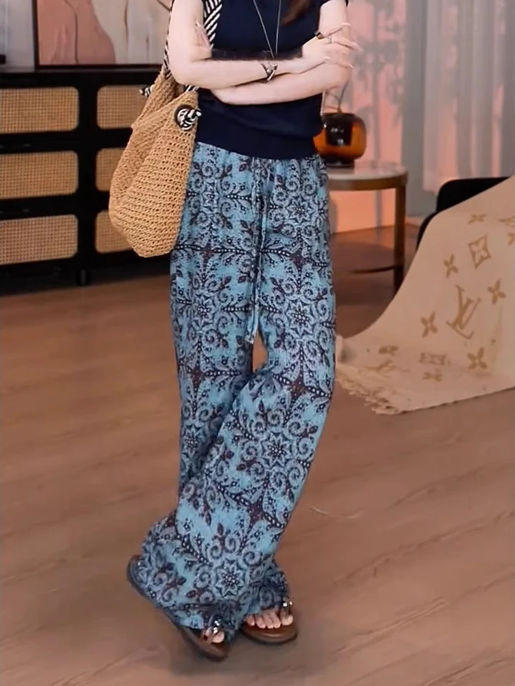 Pantaloni casual a gamba larga con gamba dritta stampata in stile europeo con lacci a vita alta, nuovi pantaloni estivi larghi e dimagranti