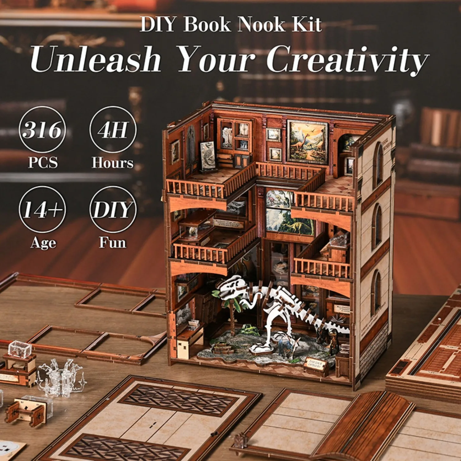 DIY Miniature Model House, Fossil Museum, Bookshelf, Hand-assembled Wooden Miniature Model, DIY Assembly Toy