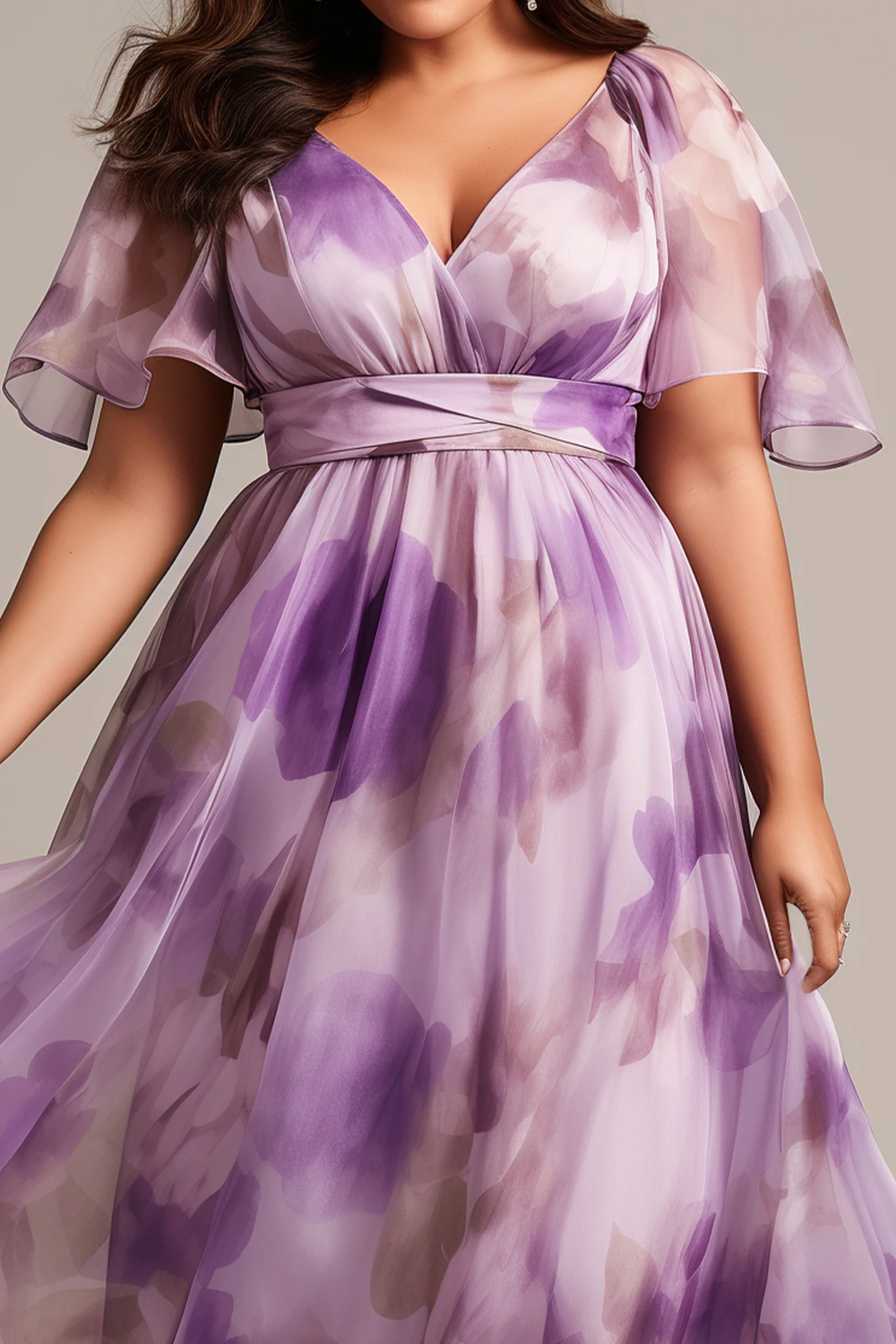 Flycurvy Plus Size Wedding Guest Purple Organza Floral Print Wrap Flutter Sleeve Maxi Dress