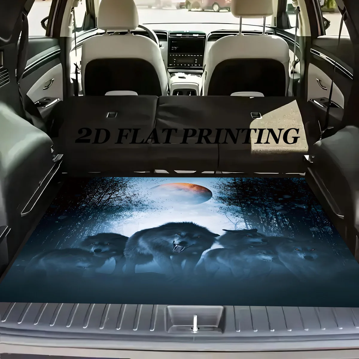 1pc Fashionable Non-Slip Car Trunk Mat | Moonlight Wolf Pack Running Design - Durable Polyester, Keeps Trunk Dry And Clean, Adds