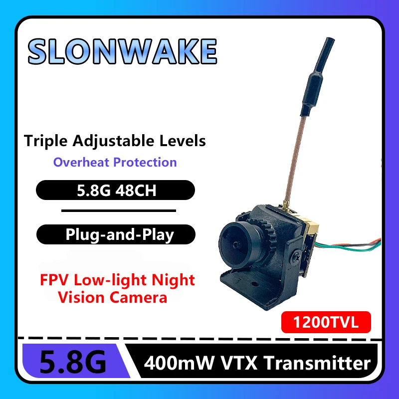 

SLONWAKE FPV AIO VTX-CAM 48CH Micro 400 МВт Регулируемый передатчик VTX с ночной камерой при слабом освещении 1200TVL Детали модели FPV