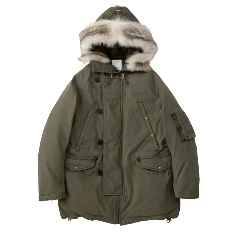 VISVIM FIL 22AW valdez down coat wolf fur collar mud-dyed washed white goose down jacket