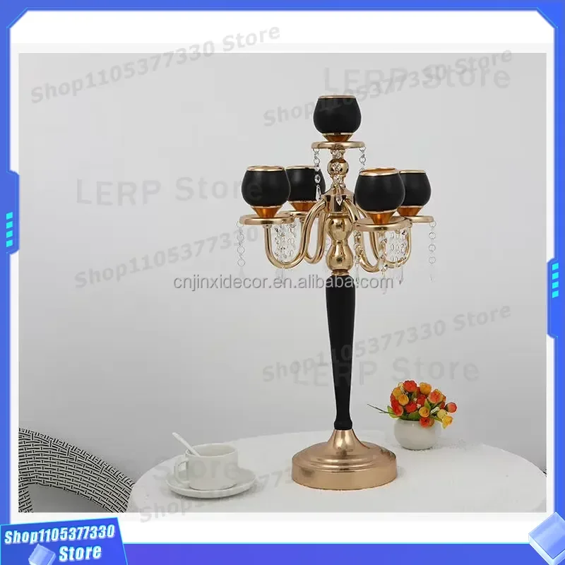 Elegant Black 5 Arm Candlestick Holder for Wedding Table Decor High Lotus Style Metal Candelabra Centerpiece Ornament for