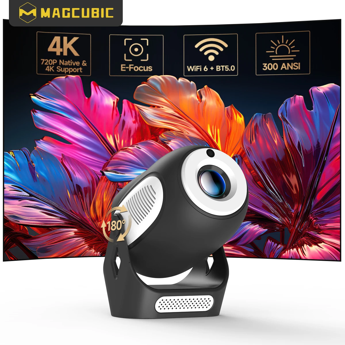 جهاز عرض Magcubic 4K عالي الدقة 1280*720P Wifi6 300ANSI Allwinner H713 90 °   جهاز عرض محمول خارجي مرن BT5.0 للسينما المنزلية HY300X