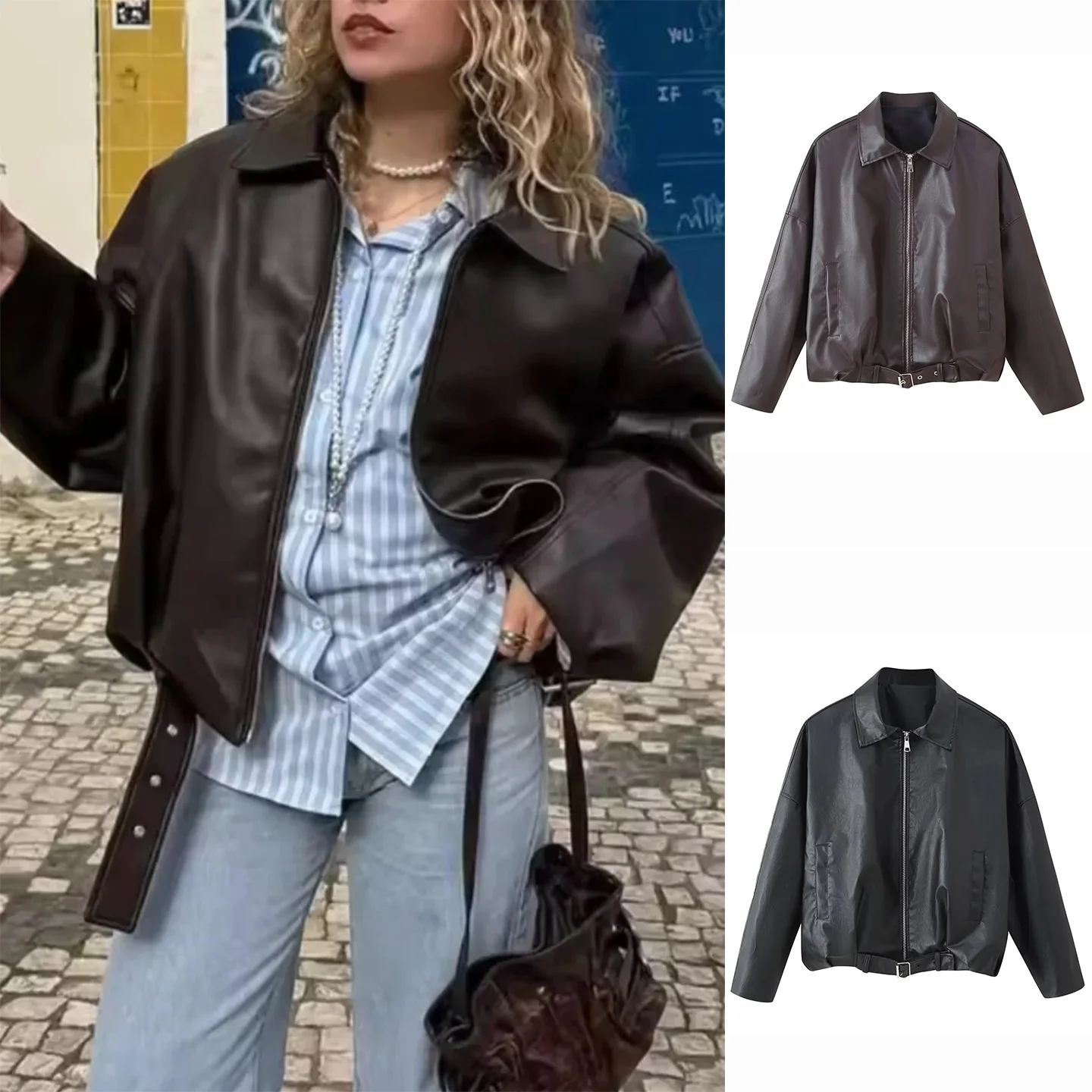 

Fall New Women's American Retro Faion Loose Collar Leather Jaet with Belt Long Sve Outerwear Casual Sle Polyester Fiber