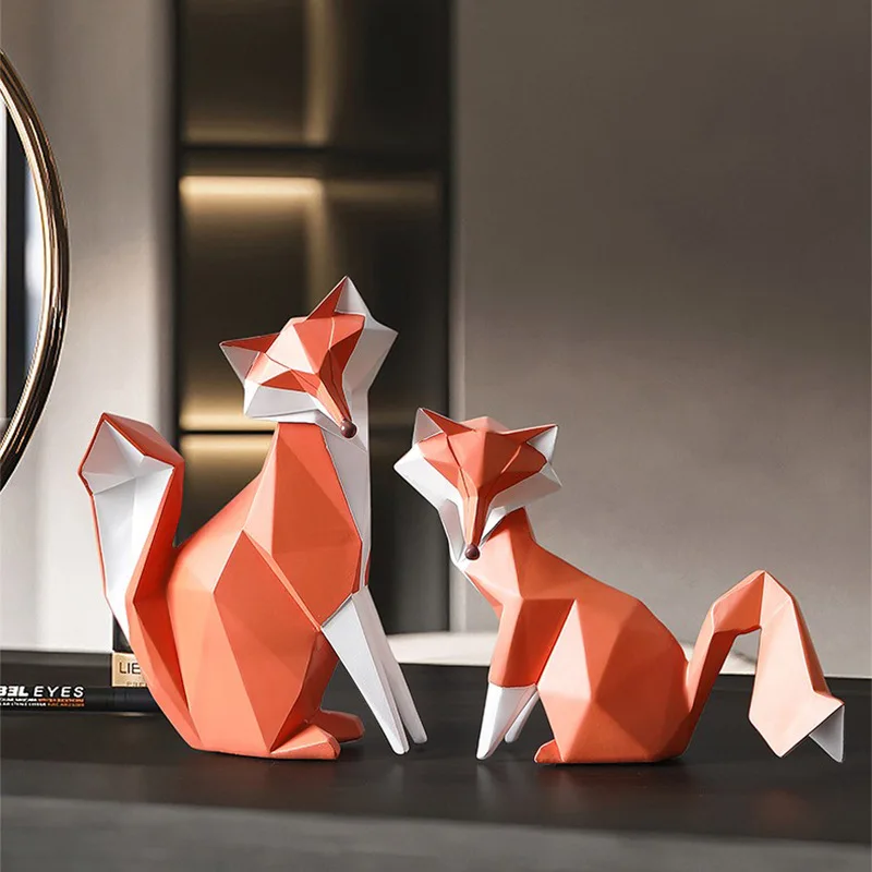 YuryFvna Orange Fox Statue Abstract Geometric Collectible Figurine Animal Home Office Decoration Gift Crafts