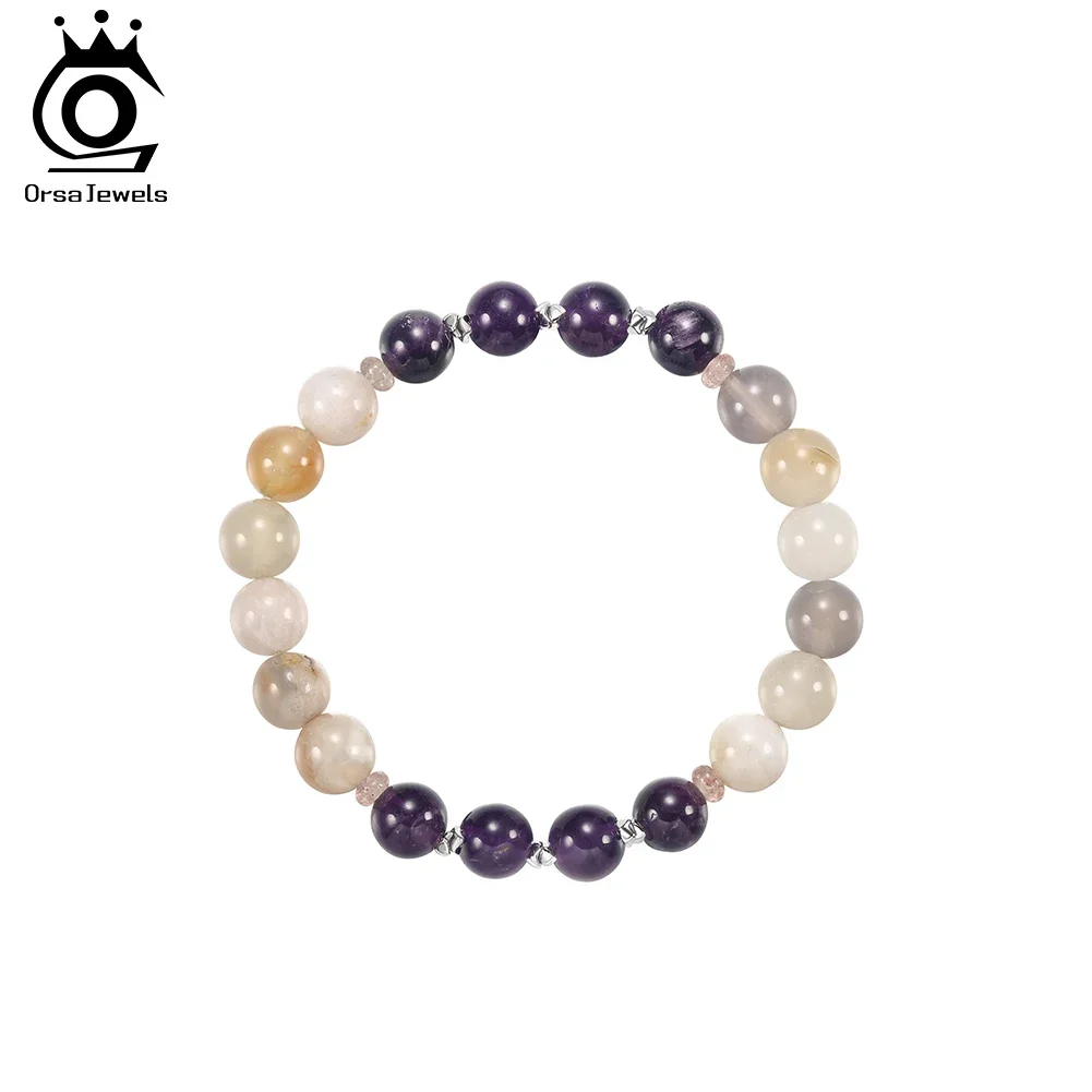 ORSA JEWELS Natural Agate & Amethyst Stone Healing Crystal Bracelet Women S925 Beads Wrist Chain Elastic Rope Jewelry GMB101 4