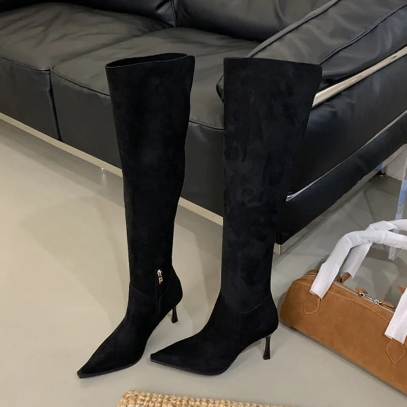 2026 new winterTemperament Tall Boots Autumn New Pointed Toe Suede Side Zipper Non-Slip Wear-Resistant Slim Follower Boots