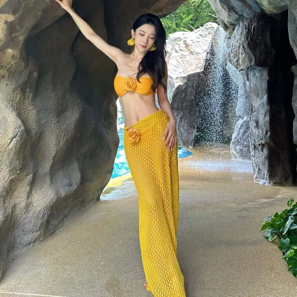 

Pure Desire Vibe Yellow 3D Camellia 3-Piece Bikini Elegant Luxury Feel Two-Piece Long Skirt Island Vacation Swimsuit