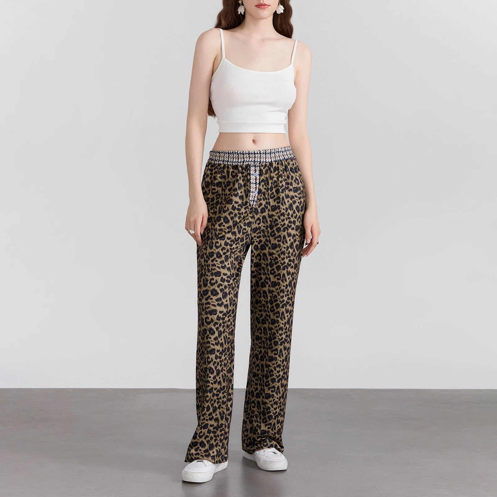 Womens Long Pants Elastic Waistband Leopard Houndstooth Print Single-breasted Casual Trousers