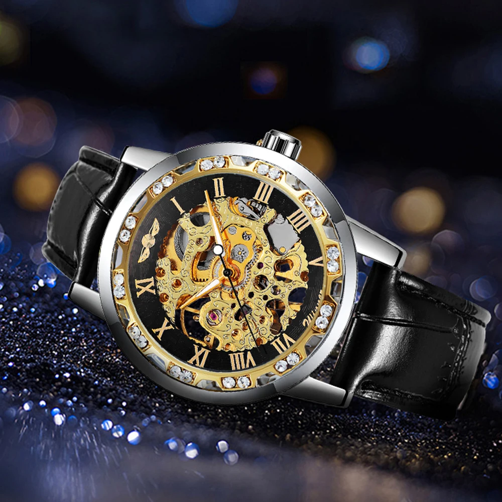 ساعة WINNER الفاخرة للرجال هيكل عظمي ذهبي ساعات آلية بحزام جلدي كاجوال للرجال ساعات معصم هدايا