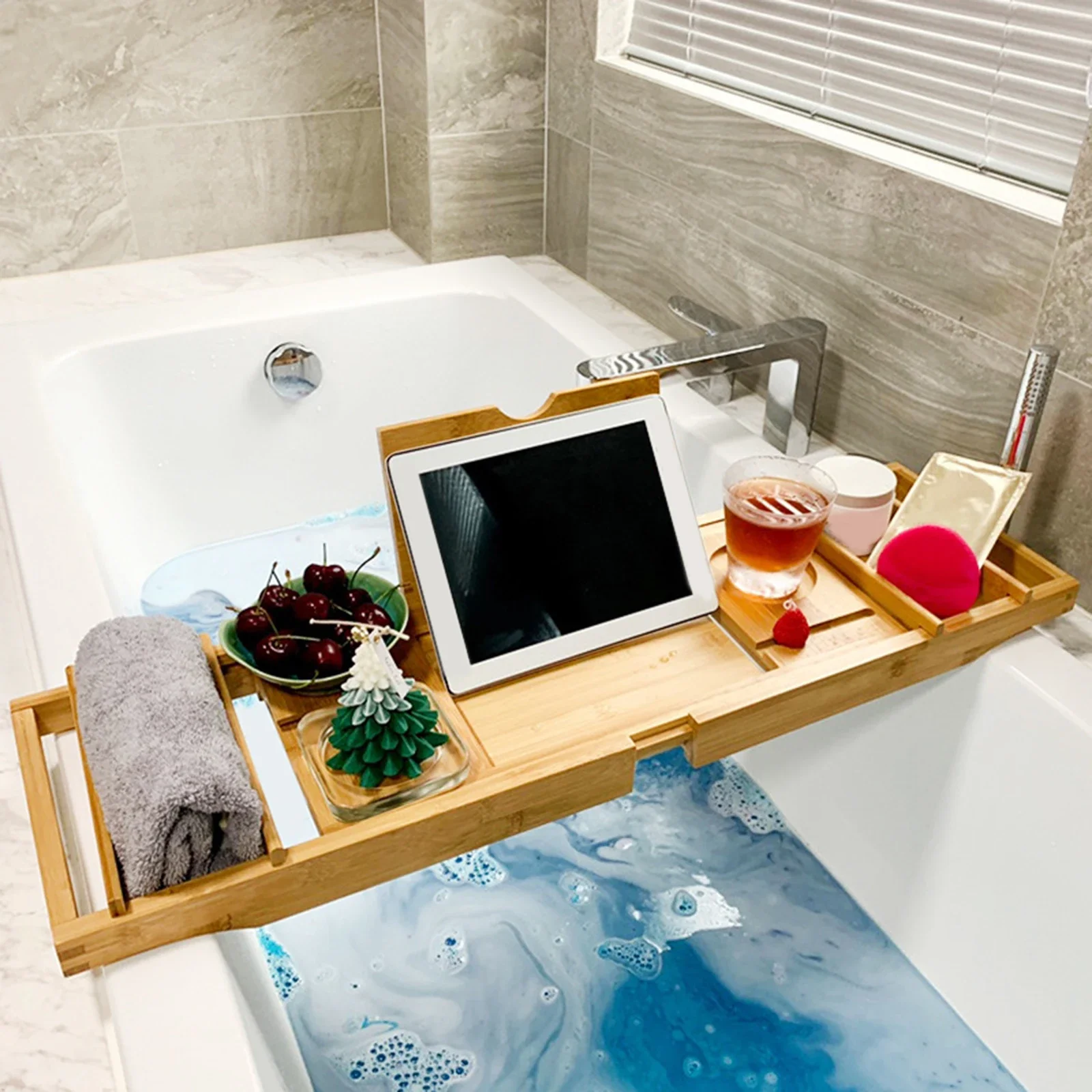 

Expandable Bath Tub Tray Multifunctional Bathtub Shelf Organizer Drinks Tray Holds Book Drinks Soap Bathroom Tool