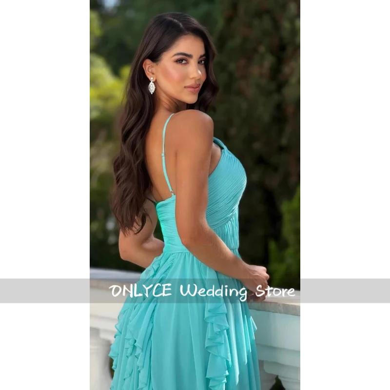 Customized Turquoise Chiffon Elegant Halter Neck Prom Dresses vestidos de noche Pleated Keyhole High Slit Formal Evening
