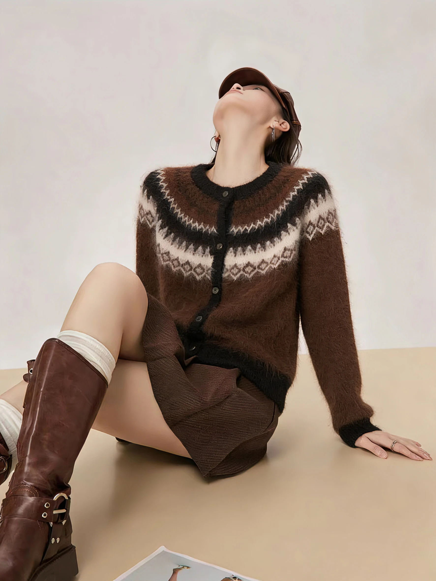 

Retro Brown Fair Isle Knitted V-Ne Sweater Women's Loose Fit Long Sve Warm Thiened ort Sle Casual Daily Top