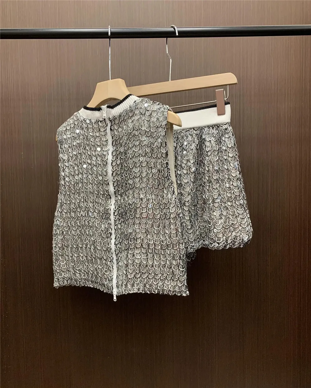 Luxurious sequins embellished Vest Half Skirt Elastic Waist Shorts Loose Long Sleeve Top Women Clothing 4-Piece Set