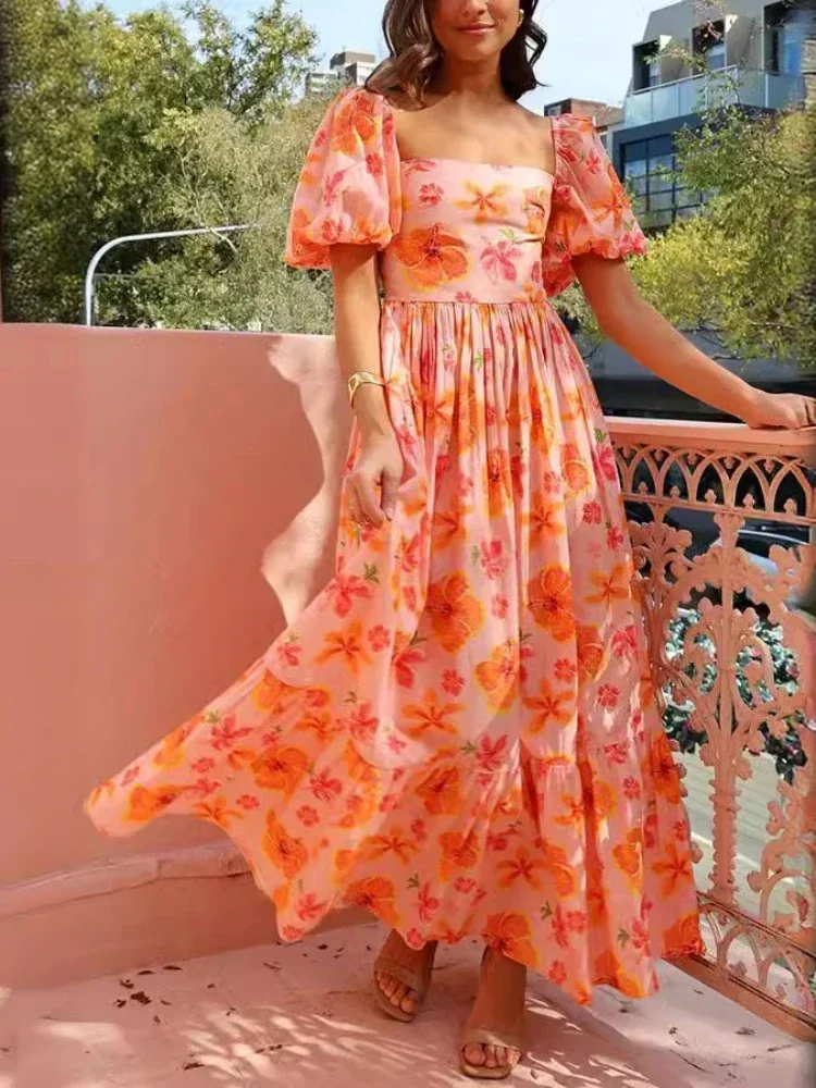 Short Puff Sleeves Maxi Dress for Women High Waist Orange Beach Midi Skirt Square Collar Printing Female Holiday Long Dresses