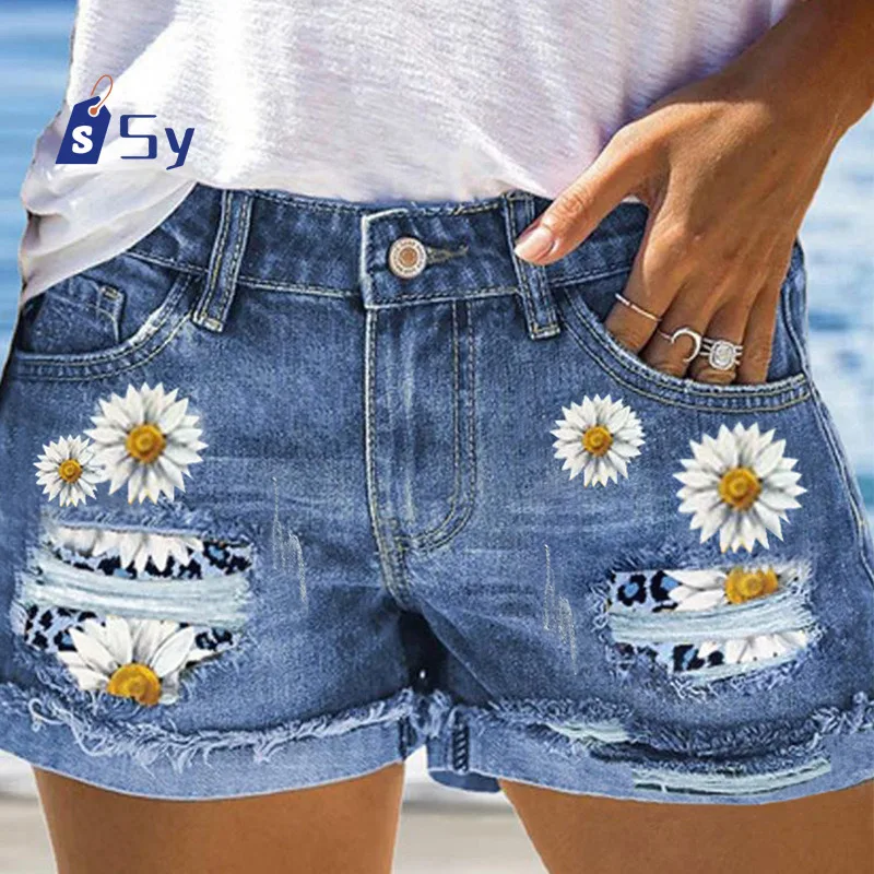 

Sy Women Broken Holes Patches Denim Shorts Style Floral Print Three Quarter Pants Female Casual Rolled Trouser Leg Mini Jeans