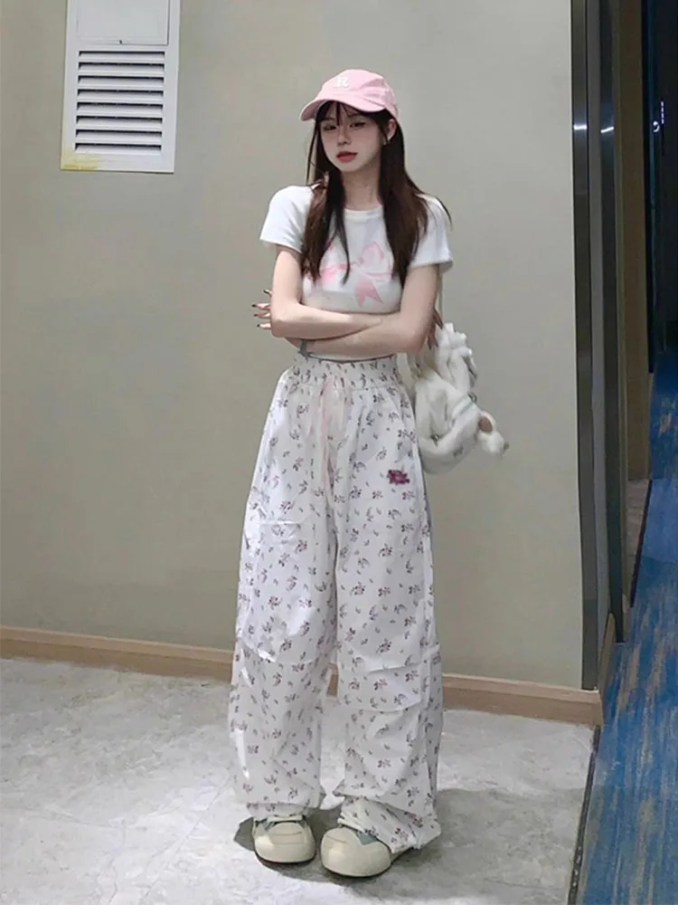 Witte bloemenprint losse wijde pijpen casual broek dames lente zomer nieuwe Amerikaanse hoge taille losse rechte broek