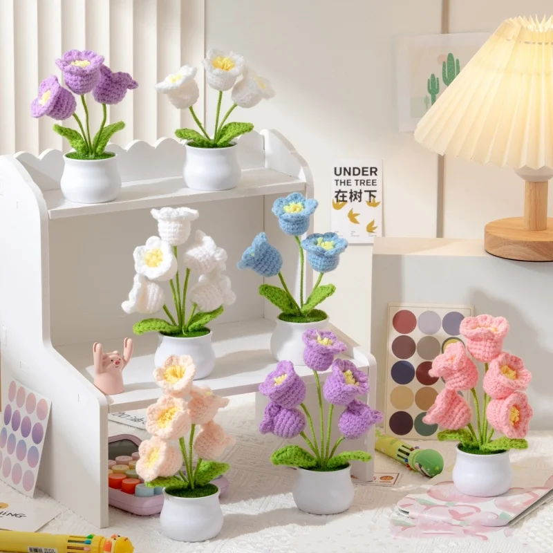 Handmade Crochet Lily Of The Valley Potted Stuffed Plants Finished Woven Bouquet Home Desktop Decor Christmas Graduation Gifts