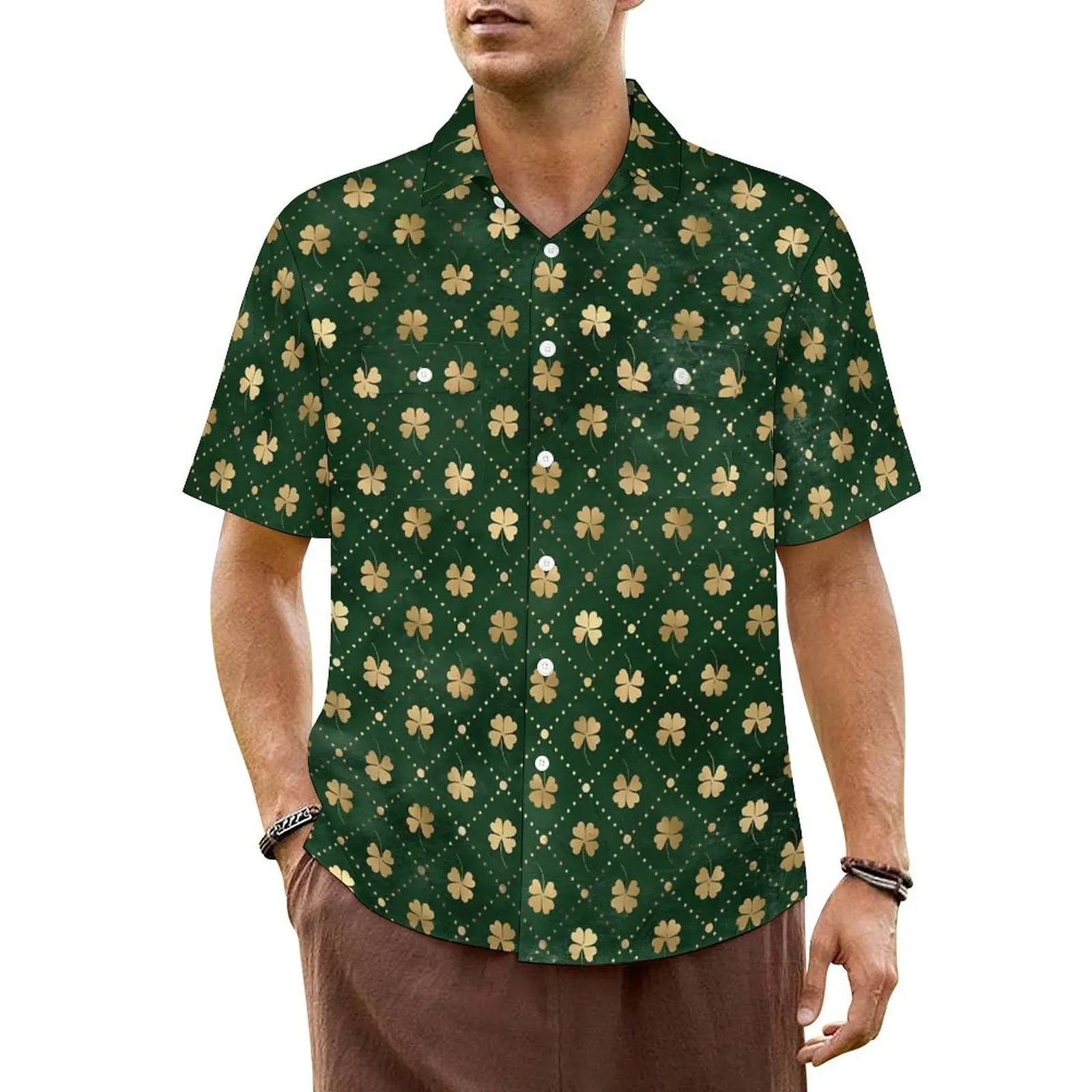 

Gold Shamrock Print Summer Shirt Male Vacation St Patricks Day Casual Shirts Short Sleeve Breathable Novelty Oversized Blouses