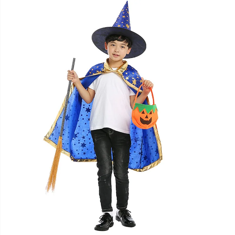 Costume di Halloween mantello abbronzante in raso con cappello per bambini ragazzi mago e ragazze strega Cosplay festa di Halloween 1pc