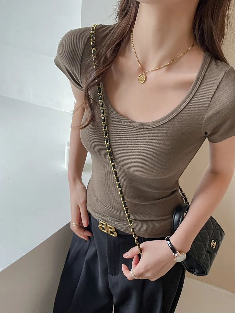 

Women's Summer Crew Neck Basic T-shirt Slim Fit Solid Color Short Sleeve Tee Tops