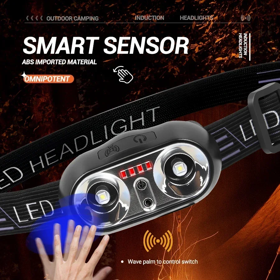 

F2 Fishing Lantern Powerful LED Sensor Headlamp USB Rechargeable Headlight Led Head Torch Camping Search Light Head Flashlight