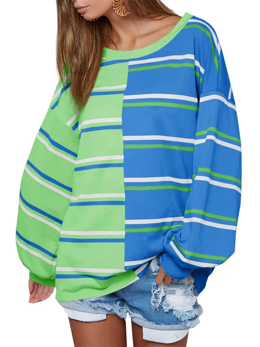 Women'S Round Neck T-Shirt Autumn Casual Top Sweatshirt  Long Sleeved Round Neck Contrasting Striped Hoodie Pullover