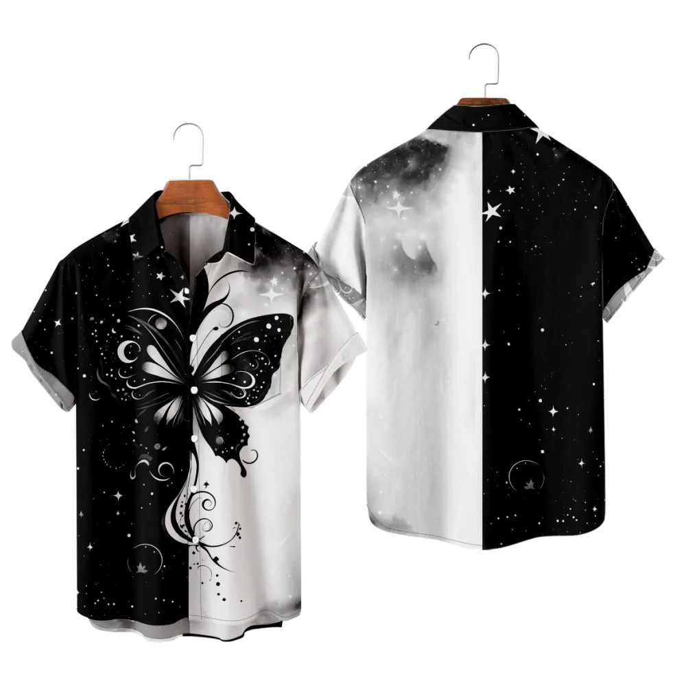 

Мужская повседневная рубашка, крутая бабочка, черно-белая лоскутная рубашка с 3D принтом, стиль отпуска, Y2K Hombre, модная летняя рубашка