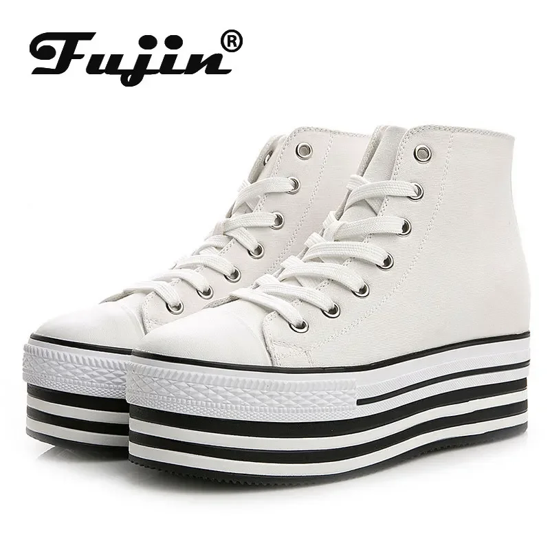 Fujin 8.5cm New Canvas Shoes High Top Fashion Breathable Casual Thick Bottom Women Shoes Platform Round Toe Women's Shoes