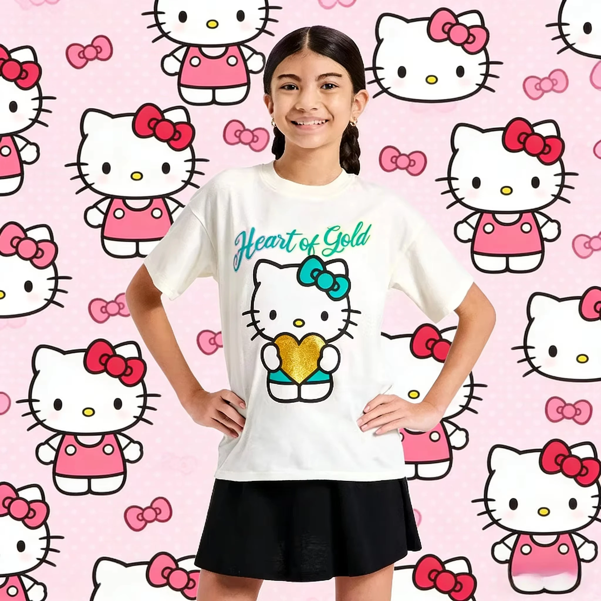

2026 new Summer HelloKitty Cute Print Tee, Casual Short Sleeve Cotton Tops for Adults Kids, Sweet Kawaii Style Daily Outfit
