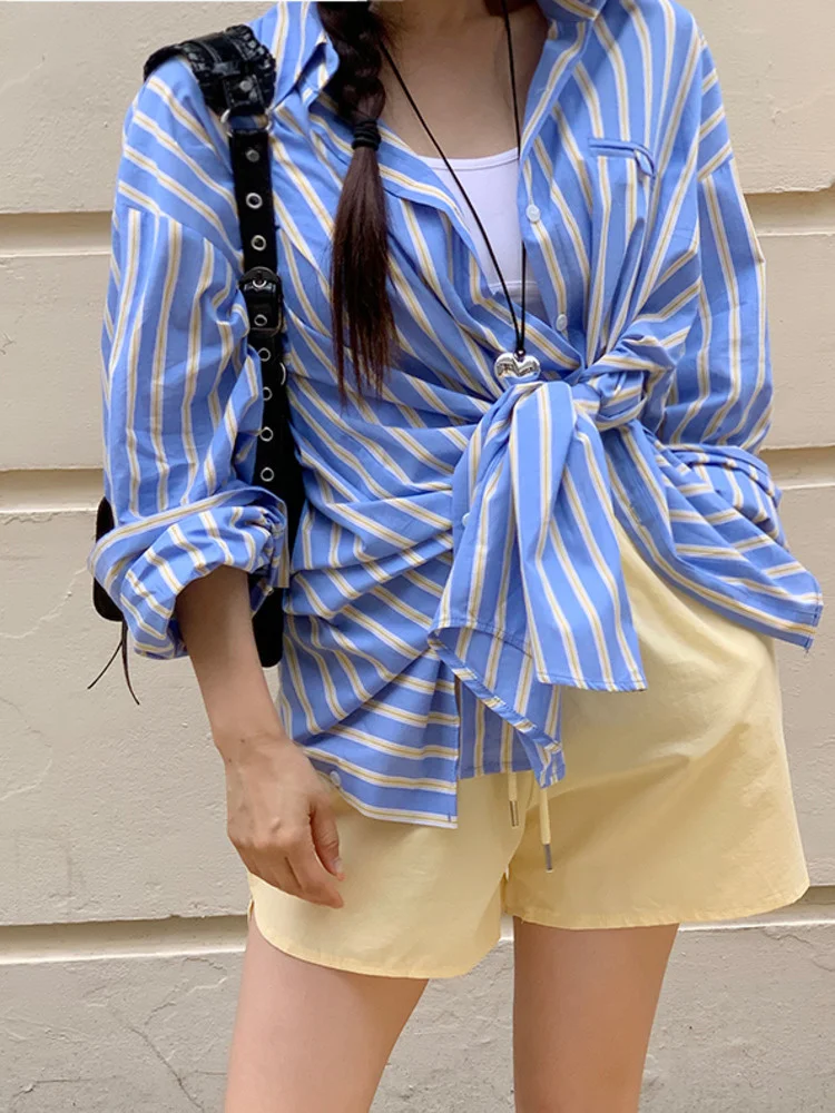 

Striped Shirt For Women Loose Back Single Breasted Split Contrast Color Casual Blusas 2023 Autumn New Tide Female Top Y995