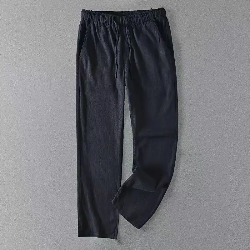Vintage Men จีบผ้าฝ้ายลินิน Casual กางเกง Drawstring ซิปด้านข้างเอวยางยืด Comfort Breathable กางเกงชายหาดกางเกงตรง