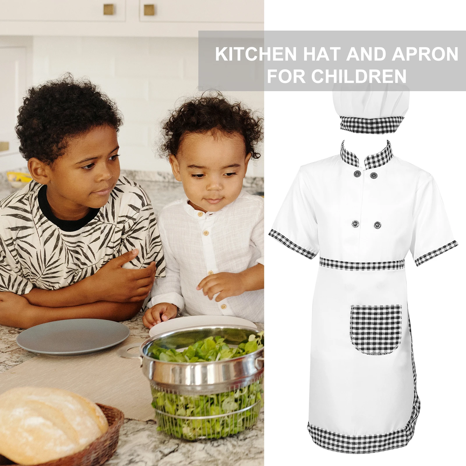 

Children 130cm Gray Check Short Sleeve Toddler Apron Hat Kids Cook Baking Costume Protective Daily Dress
