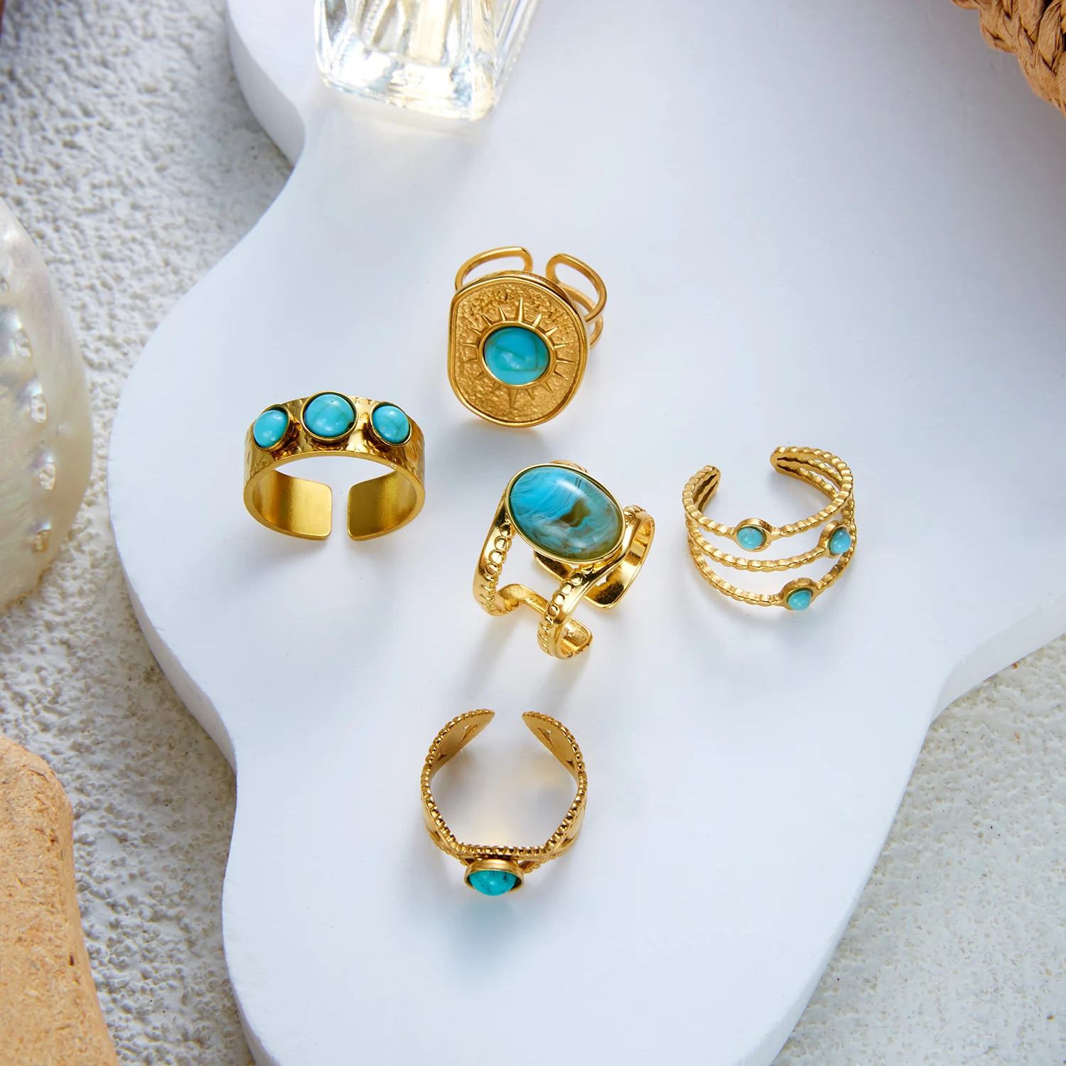 5-teiliges Set türkisfarbener geometrischer Edelstahlringe für Damen, hypoallergen, vergoldet, stapelbar, Party-Statement-Schmuck, Geschenk – Detail 7