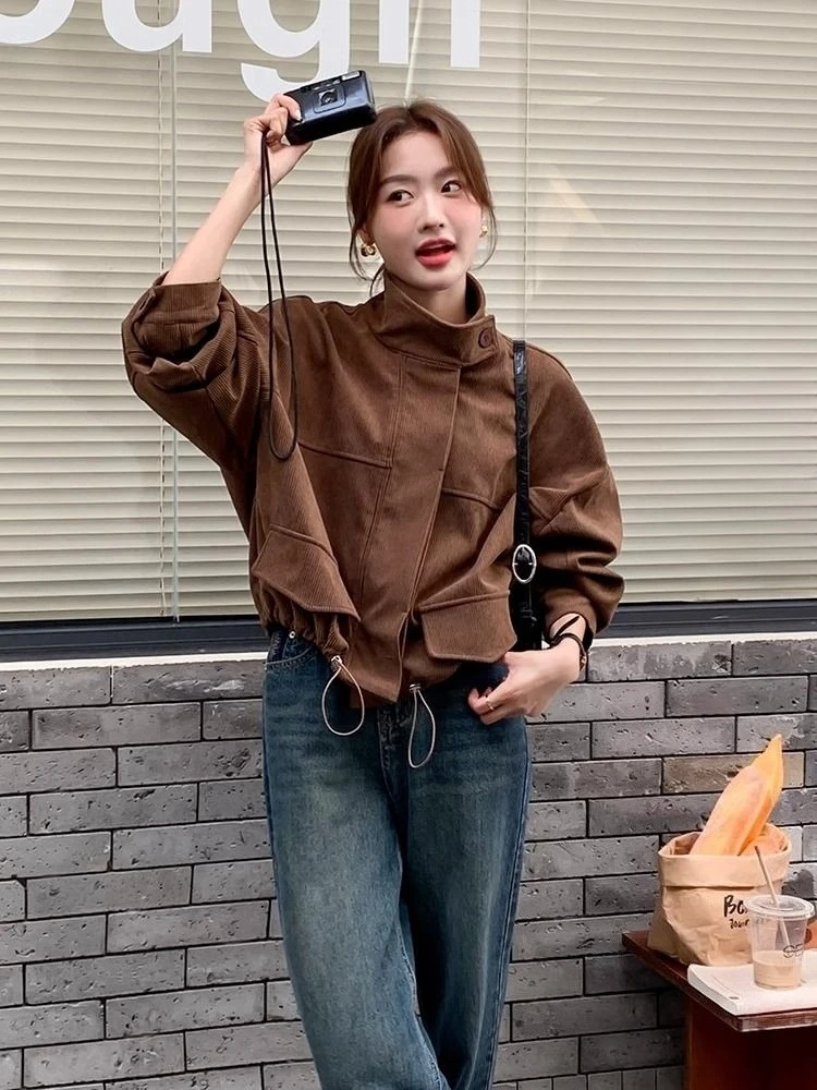 

​ Миниатюрная женская короткая куртка, свободная винтажная вельветовая куртка-карго на весну-осень 2025 г. ​