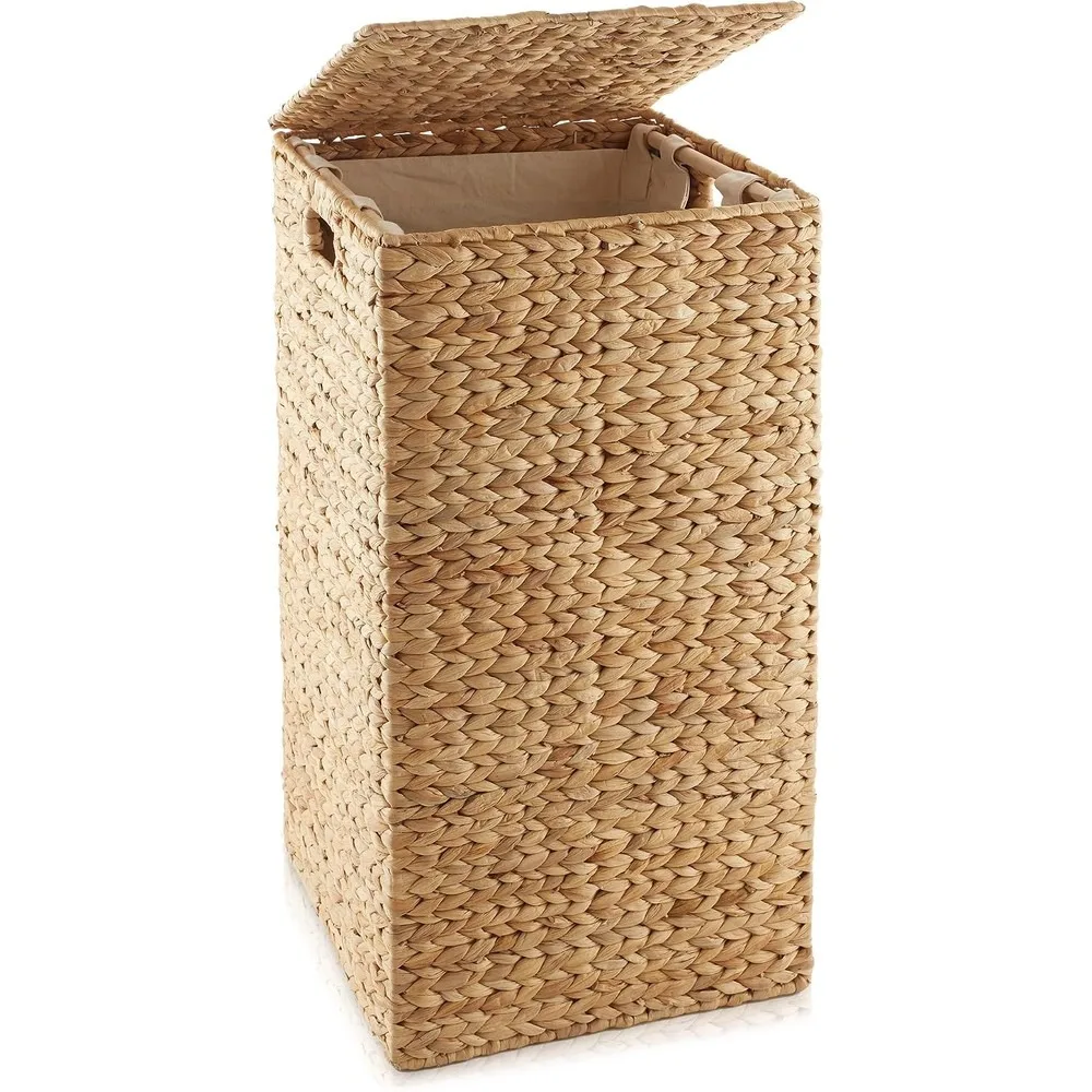 Natural Woven Water Hyacinth Laundry Hamper with Lid & Removable Liner Bag, Square Clothes Sorter Basket for Towels, Bedroom