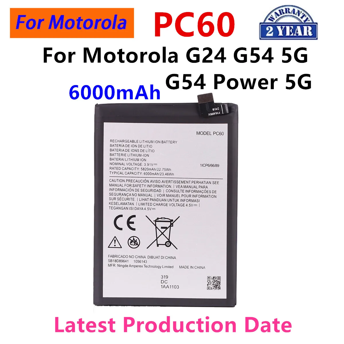 Brand New PC60 6000mAh Battery For Motorola MOTO G24 G54 5G /G54 Power 5G phone Batteries